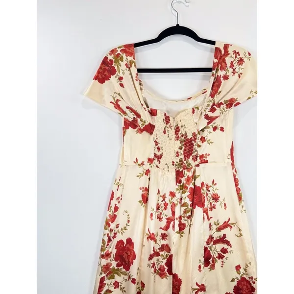 Reformation Mini Dress Beige Lanelle Silk Floral Off Shoulder Satin Smocked XS - Image 7