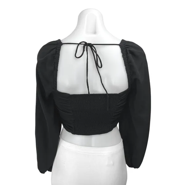 Urban Outfitters Black Long Sleeve Ruched Tie Square Neck Blouse Crop Top Size M - Image 2