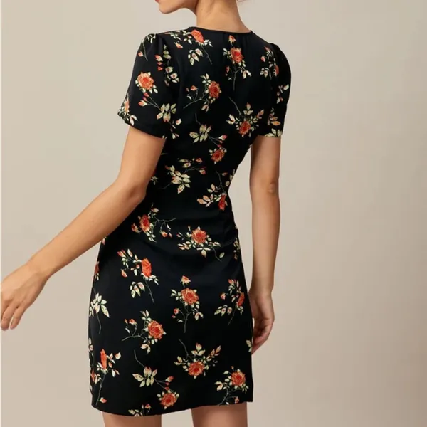 Rihoas Black V Neck Floral Button Up Mini Dress - Image 6