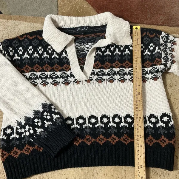 Marled Fair Isle Polo Sweater Women Size S White Black Brown Knit V-Neck Slv - Image 2