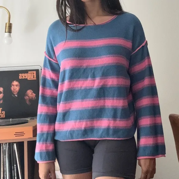 Blue and Pink Striped Slouchy Knit Sweater Boat Neck Large - Image 2