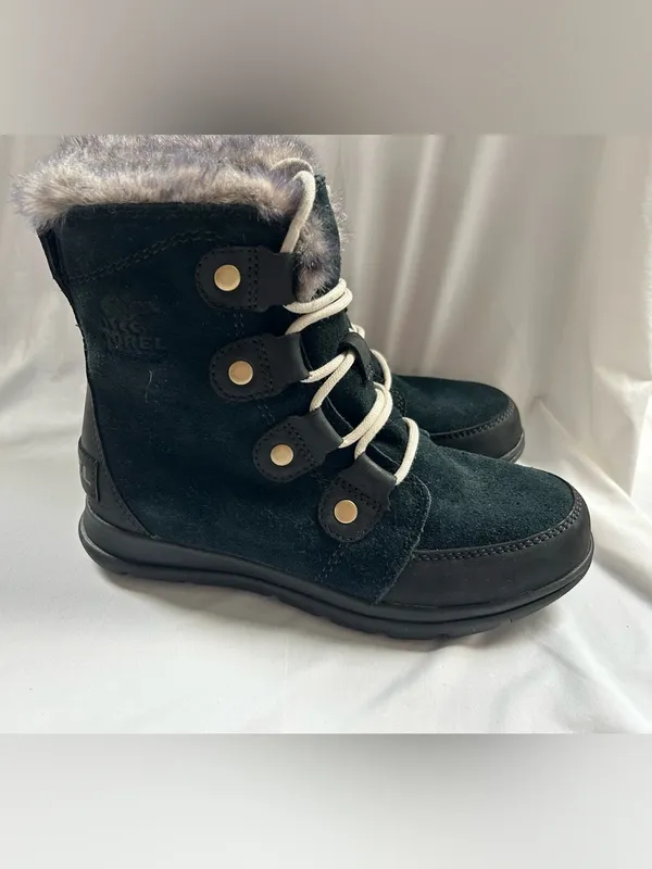 Sorel Black Suede Fur-Trim Lace-Up Winter Boots size 5 - Image 2