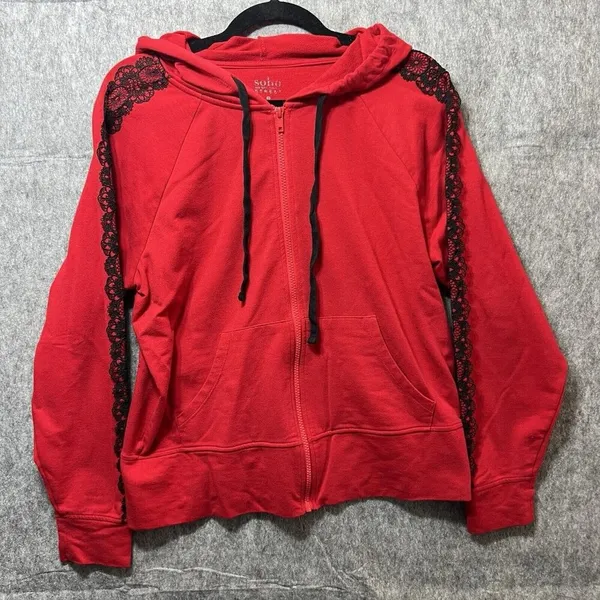 Soho‎ Street New York Company Hoodie Womens Medium Red Full Zip Lace Accent - Image 9