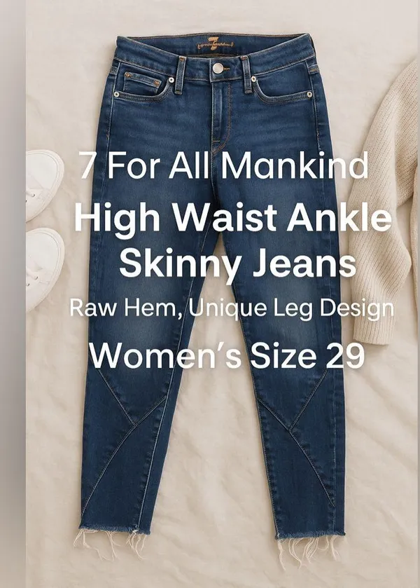 EUC 7 For All Mankind High Waist Ankle Skinny Jean Raw Hem Unique Leg Women’s 29 - Image 2
