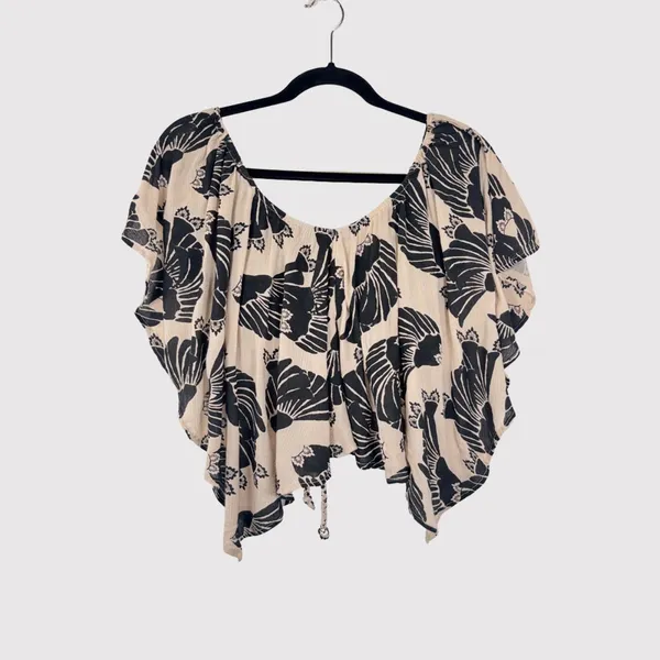 Free People Womens Top Beige Merpati Print Off The Shoulder Drapey Blouse Small - Image 2