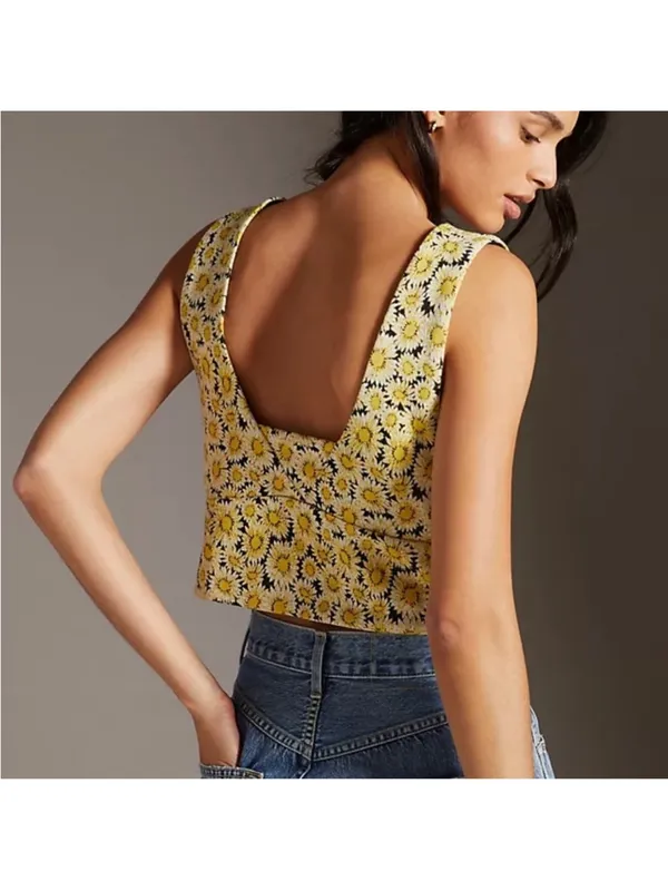 Maeve Anthropologie Floral Print Crop Knit Button Tank Top Vest Medium NEW NWT - Image 2