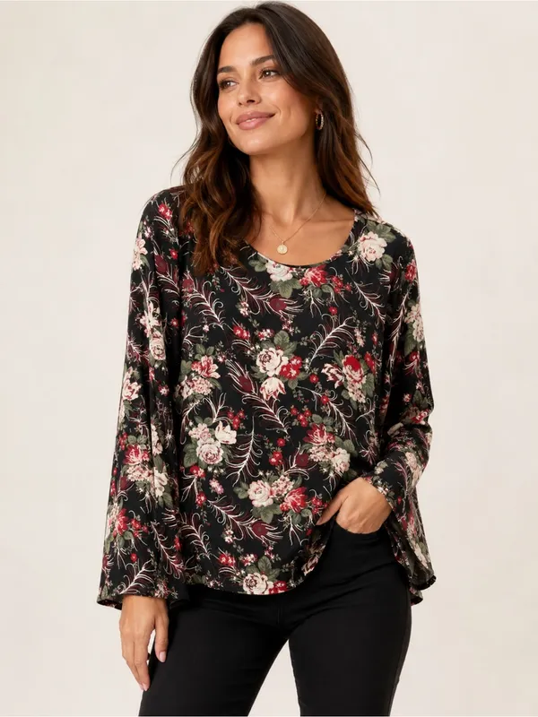 LOFT Black Floral Bell Sleeve Blouse Size M - Image 3