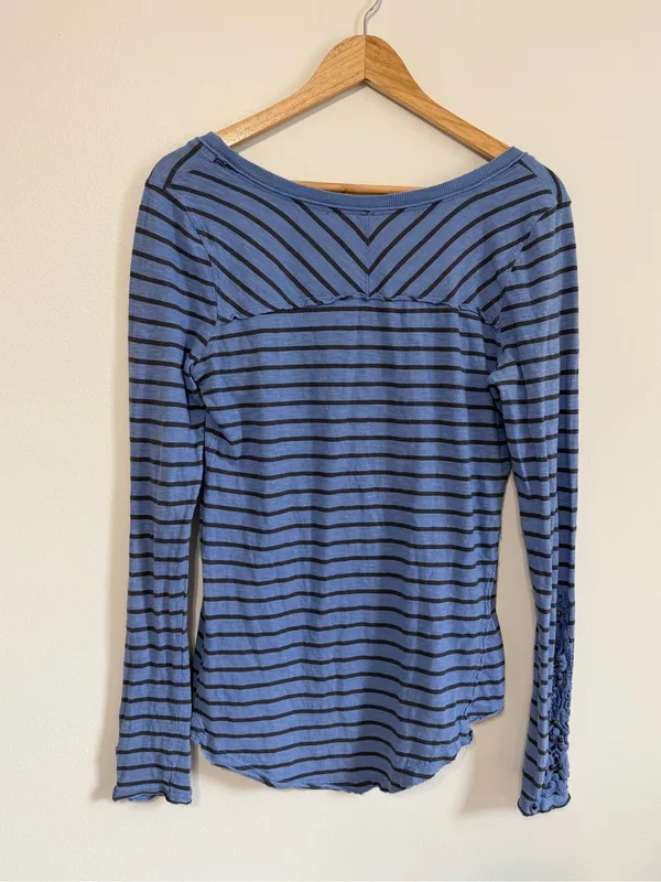 Free People Striped Blue Long Sleeve Top Size Large Shirt Boho Cotton - Image 7