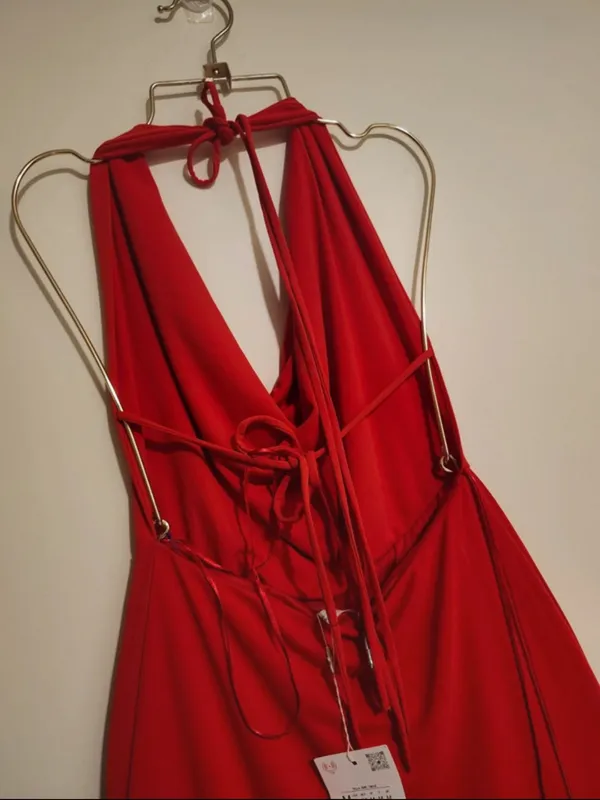 Zara Red Cowl-Neck Halter Maxi Dress - Image 3