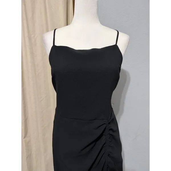 New Material Girl Midi Dress L Caviar Black Ruched Side Slit Cocktail Prom Edgy - Image 12