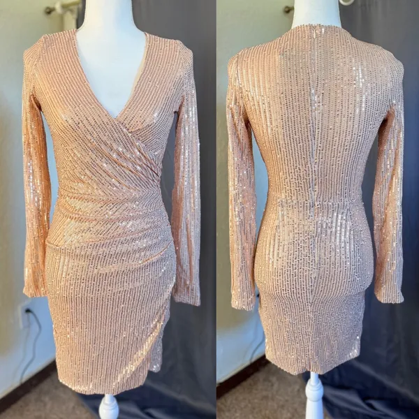 NWT Miss Ord Rose Gold Sequin Mini Dress S Glam Party Cocktail Y2K - Image 2