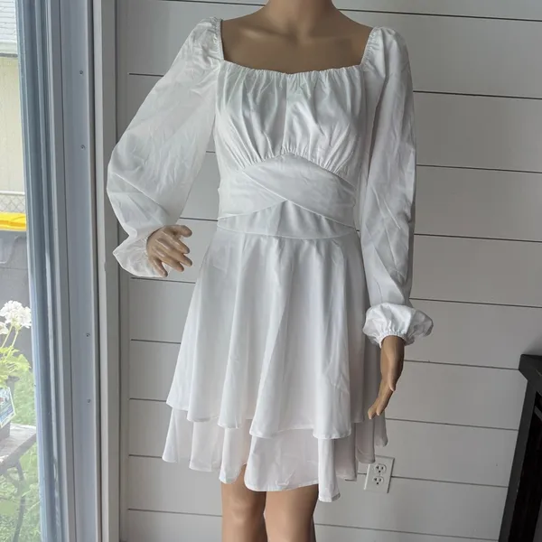 LYANER Wrap Tie Back Square Neck Double Layer Ruffle Hem A Line Mini Dress Sz M - Image 2