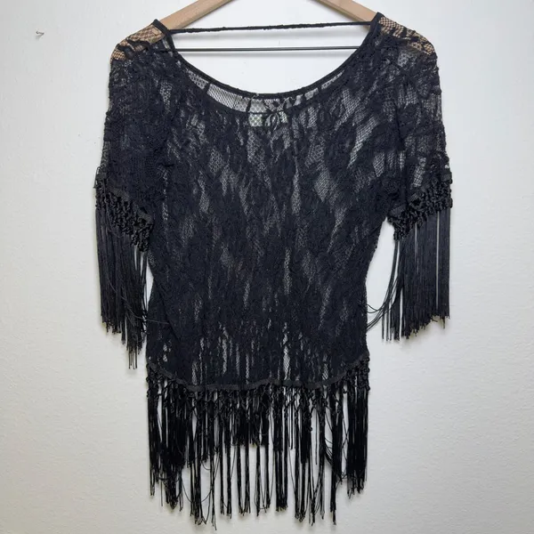 Anthropologie Sleeping on Stars Women Crochet Lace Top‎ Black Fringe Western - Image 2