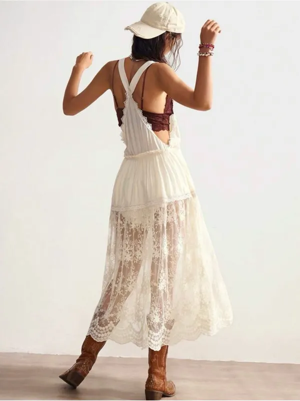 Lace-Trim Pink Apron Dress with Cream Lace Skirt - Image 3