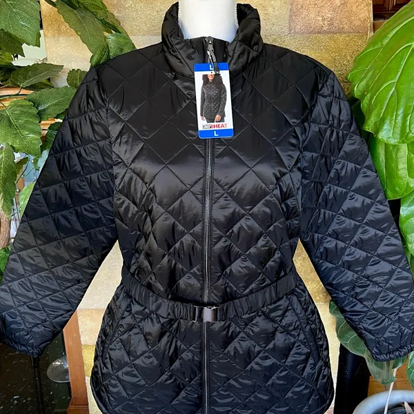 NEW 32 Degrees Women’s Diamond Quilt Belted Puffer Mock Neck Black Jacket Size L - Image 4