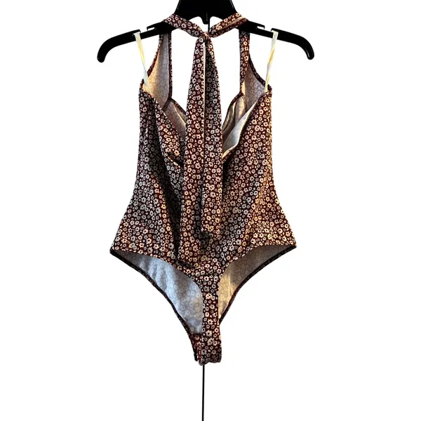 Free People Talk Back Square Neck Bodysuit Floral Halter Top size M red - Image 6