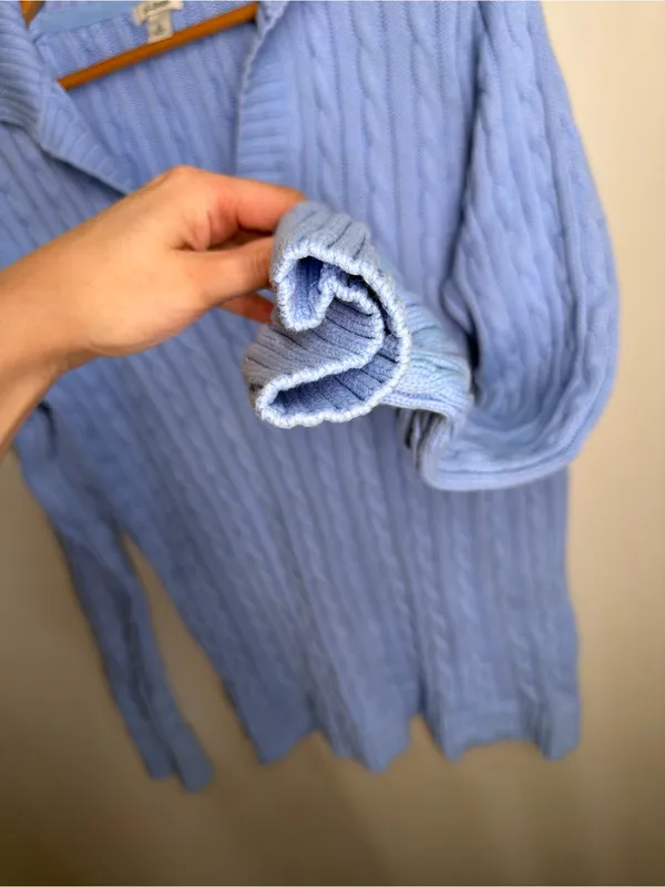 L.L.Bean Blue Cable Knit Collared V Neck 100% Cotton Sweater Heritage Classic‎ - Image 5