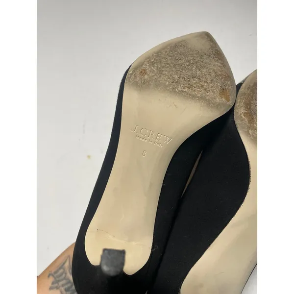 J.Crew Pumps Women 8 Black Gold Cap Toe Bow‎ Suede Stiletto Heels Made in Italy - Image 5