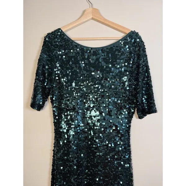 BCBGMAXAZRIA All Over Sequin Gown Jade Green Showgirl‎ Maxi Dress Formal Stretch - Image 2