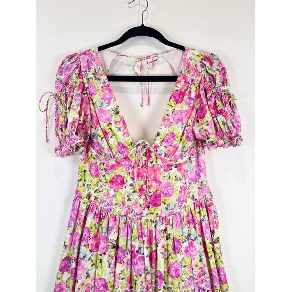 For Love & Lemons Mini Dress Paulina Silk Floral Corset Puffed Coquette Medium - Image 7