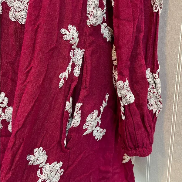 FREE PEOPLE Emma Embroidered Mini Swing Open Back Dress Boho in Magenta Size S - Image 7