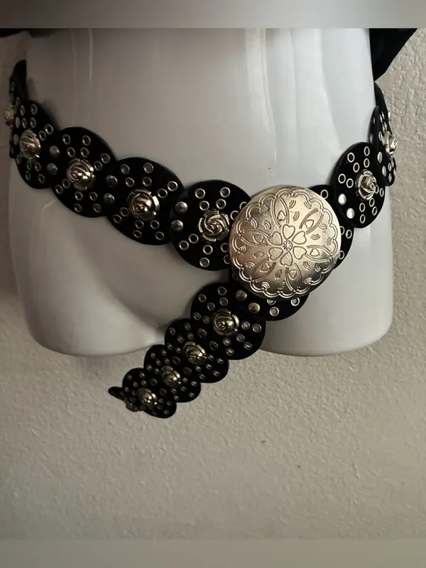 Vintage Wide Faux Leather Belt with Concho Discs Adjustable Roses Details - Image 2