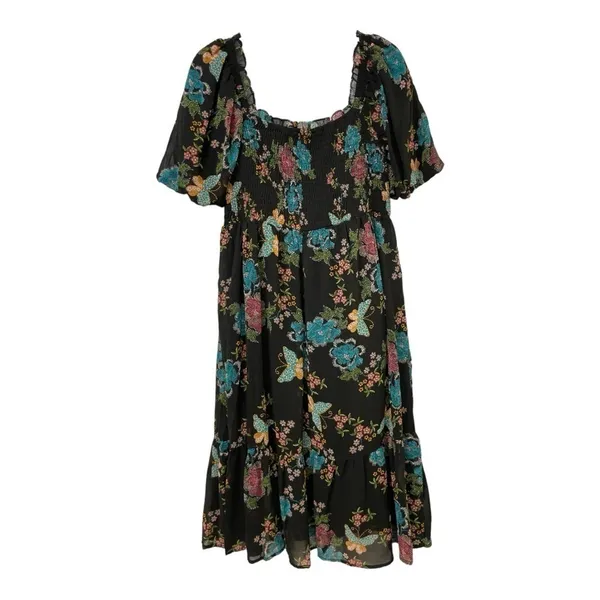 Lauren Conrad Plus Balloon Sleeve Smocked Midi Dress Sz XL Black Butterfly - Image 5