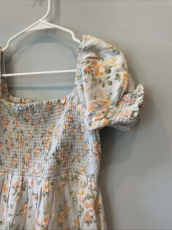 American Eagle Smocked Puff-Sleeve Floral mini Dress - Light Blue and Peach - Image 2