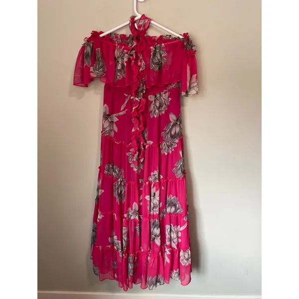 MISA Los Angeles Pink Gray Floral Off Shoulder Tiered Maxi Dress S - Image 4