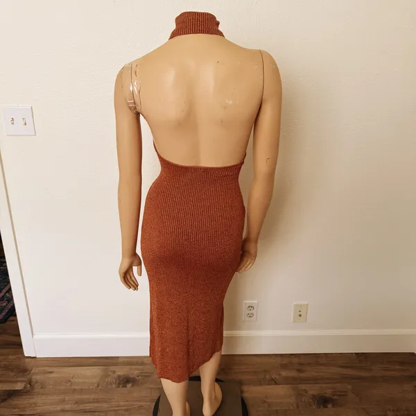 [Superdown] Copper Metallic Arima Halter Neck Knit Midi Sweater Dress Sz Small S - Image 4