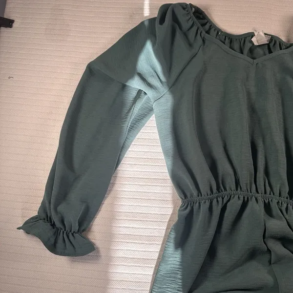 Honeyme Women’s Medium Green Wide Leg Jumpsuit Long Sleeve Elastic Waist Boho - Image 5