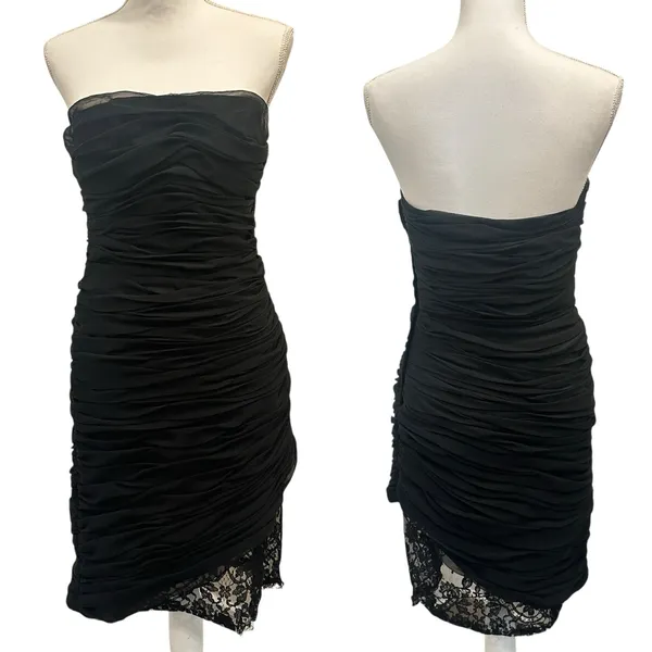 Victor Costa Vintage 1980s Black Ruched Strapless Lace Hem Gothic Cocktail‎ Sz 6 - Image 2