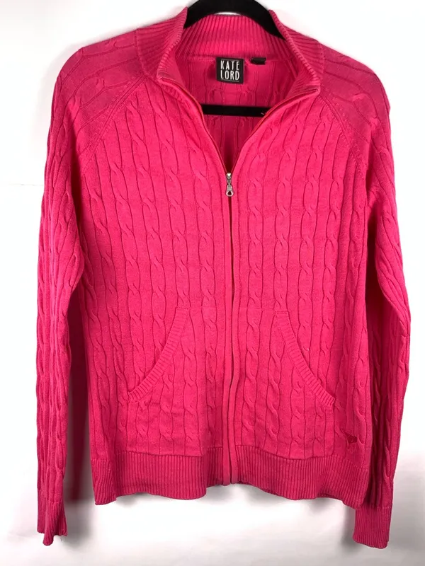 Kate Lord Womens Sweater L Pink Cable Knit Full Zip Golf Cardigan Pockets - Image 3