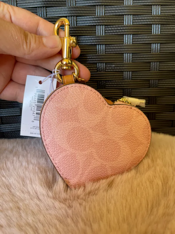 NWT Coach POWDER PINK Heart Bag Charm In Signature Canvas CEA22 Gold/Powder Pink - Image 2