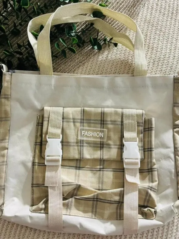 Cottagecore Cream Plaid Multi Piece Tote Set Canvas Buckle Bag - Image 2