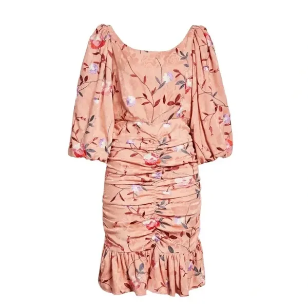 ByTimo Ruched Floral Embroidered Jacquard Dress Balloon Sleeves Coral Size XS - Image 5