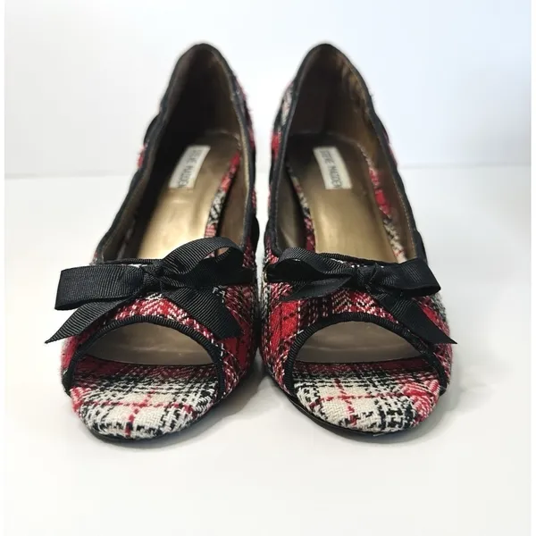 Steve Madden NINNA Plaid Peep Toe Heels Size 9 M Red Tweed Bow‎ Twee Y2K Pin-Up - Image 4