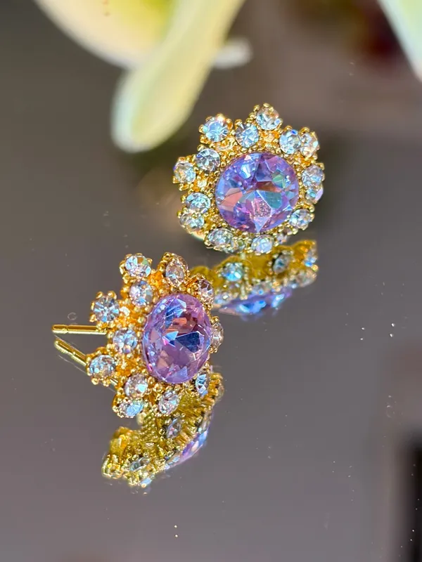 New S925 Silver Post Purple Round Crystal Sunflower Stud Earrings - Image 2