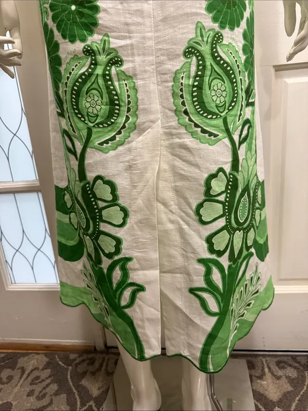 FARM RIO Women’s Midi Skirt White Green Floral Festival Linen Size Large - Image 9