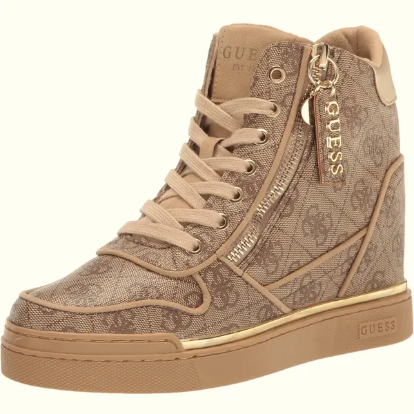Guess Fiora Wedge Sneaker Lace and Zip Up Brown Cream Gold Shoes Womens 5 M - Image 2