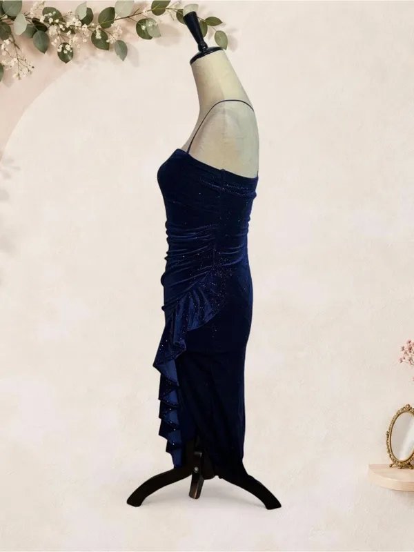Emerald Sundae XS Navy Blue Glitter Velvet Ruched Ruffle Asymmetric - Image 4