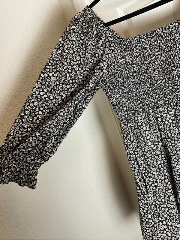 Madewell Black Floral Smocked Mini Dress Medium Cottagecore Puff Sleeve - Image 5