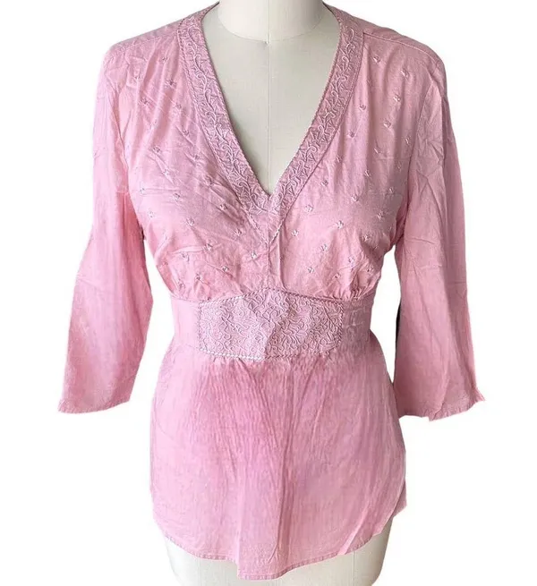 CATO Pink Embroidered Cotton Bohemian Tunic Blouse Boho Top ~ Women's Size XL - Image 2