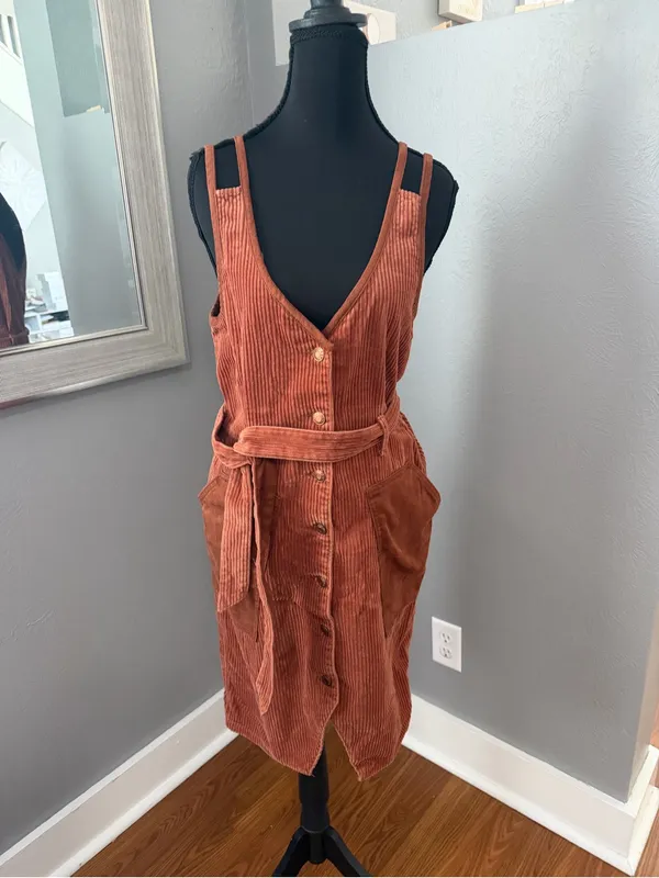 OAT Corduroy Button Front Granola Girl Boho Midi Dress Medium. Tie Wais - Image 3