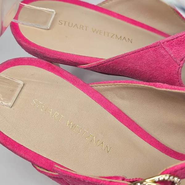 Stuart Weitzman Dazzle 75 Mule Pink Suede Crystal Buckle Mary‎ Jane Heels 6.5 - Image 10