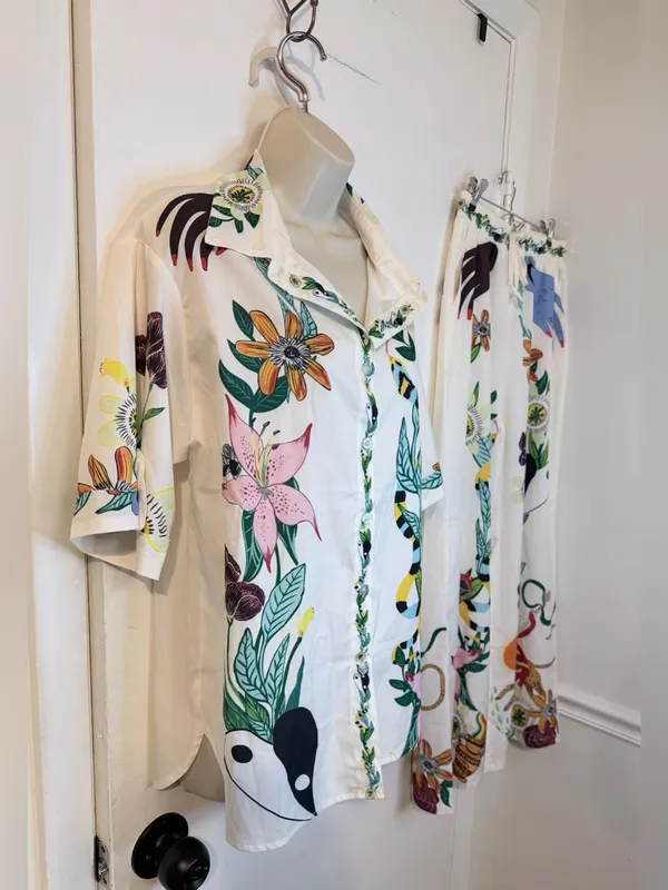 Tropical 2 Piece Set M Shirt Pants Drawstring Wide Leg NWOT - Image 4