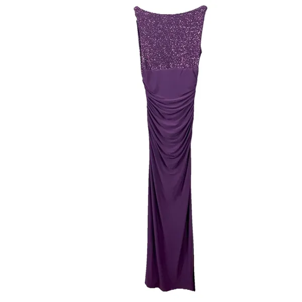 Ralph Lauren Purple Sequin Cowl Ruched Sleeveless Stretch Maxi Gown Dress Size 4 - Image 4