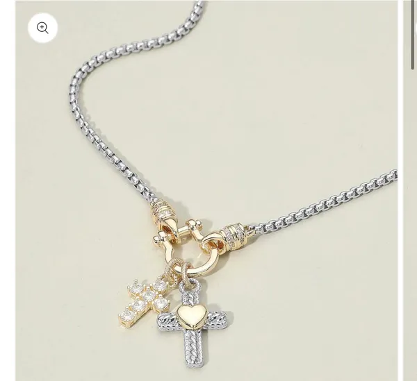14K Gold Plated Stone Cross Two Tone Heart Cross Horsebit Carabiner Charm Necklace - Image 2