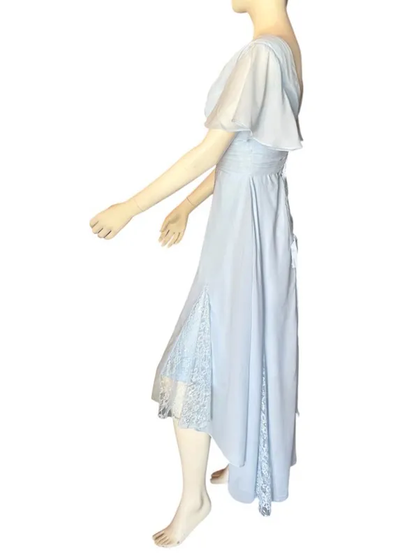 Chiffon V-Neck High-Low Midi Dress with Ruched Bodice & Lace Accents Blue Size 8 - Image 2