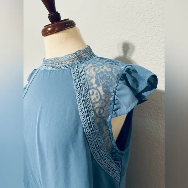 SHEIN‎ Women Blue Relaxed Fit and Flare High Neck Short Sleeves Dress Size M - Image 4